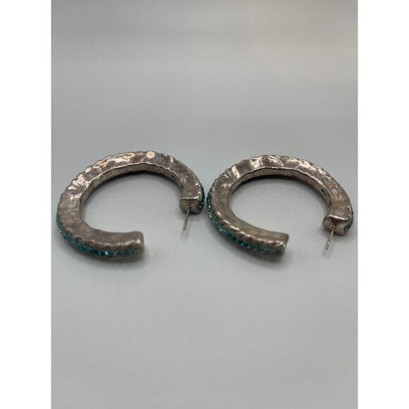 Sterling Silver Hoop Earrings With Blue Crystal Accents 925 Marked - Picture 8 of 9